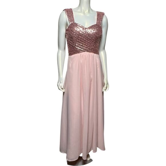 Rose Gold Sequin Prom Dress Pink Chiffon Maxi Evening Gown Size 6 Open Back - Picture 1 of 10